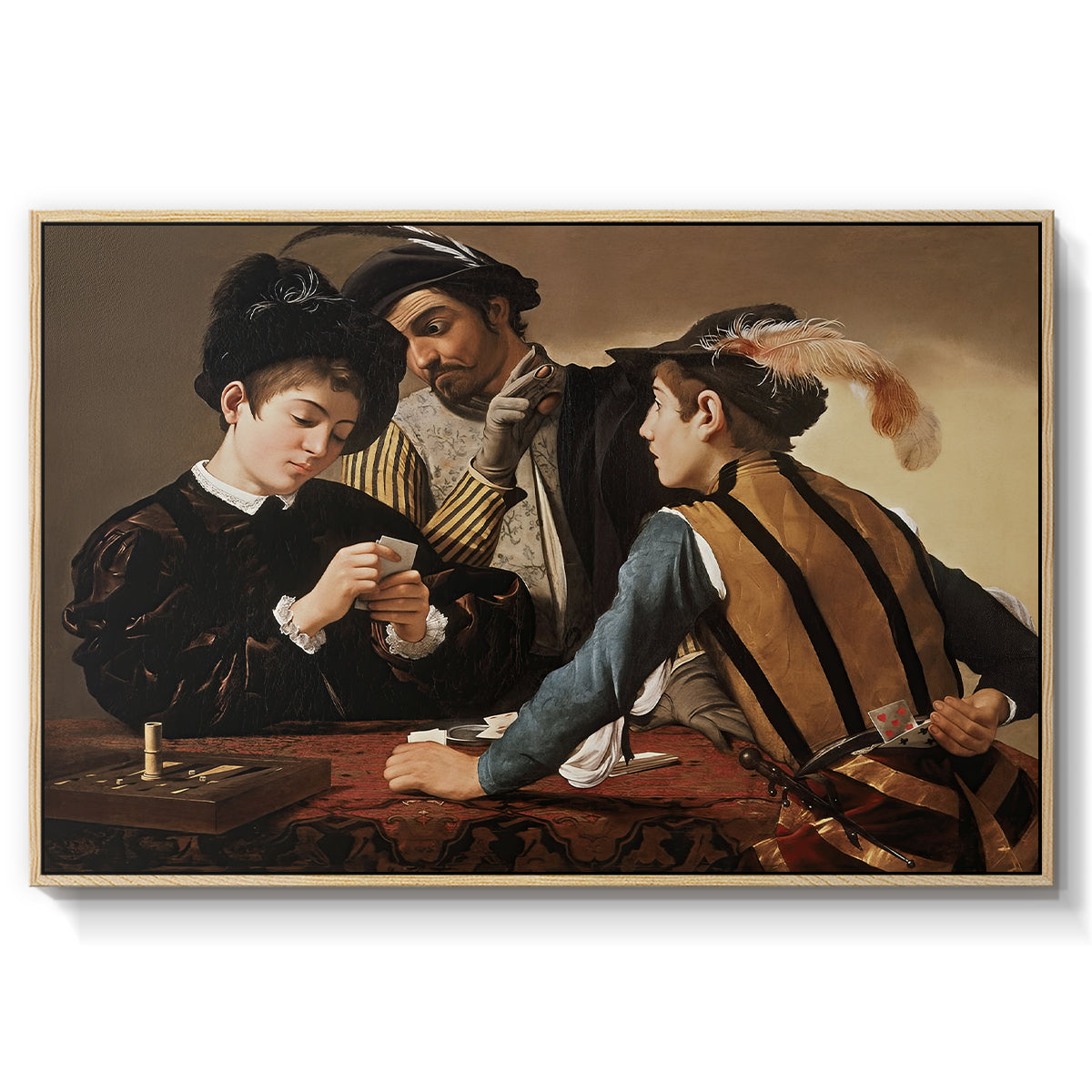 The Cardsharps, c. 1594 by Caravaggio in a natural wood floater framed canvas wall art display.