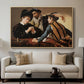 The Cardsharps, c. 1594 by Caravaggio displayed in a natural wood floater framed canvas above a sofa in a clean living room.