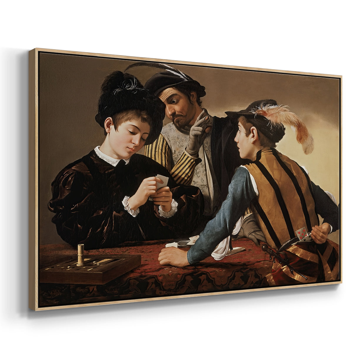 Angled view of The Cardsharps, c. 1594 by Caravaggio in a natural wood floater framed canvas.