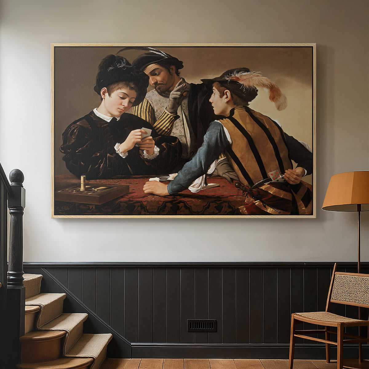 Natural wood floater framed canvas featuring a dramatic interior scene of gambling and trickery among figures, displayed in a hallway near a staircase.