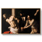 The Flagellation of Christ at the Column (Rouen Version), 1606 by Caravaggio in a natural wood floater framed canvas wall art display.
