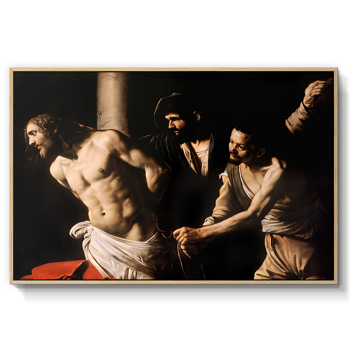 The Flagellation of Christ at the Column (Rouen Version), 1606 by Caravaggio in a natural wood floater framed canvas wall art display.
