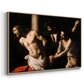 Angled view of The Flagellation of Christ at the Column (Rouen Version), 1606 by Caravaggio in a natural wood floater framed canvas.