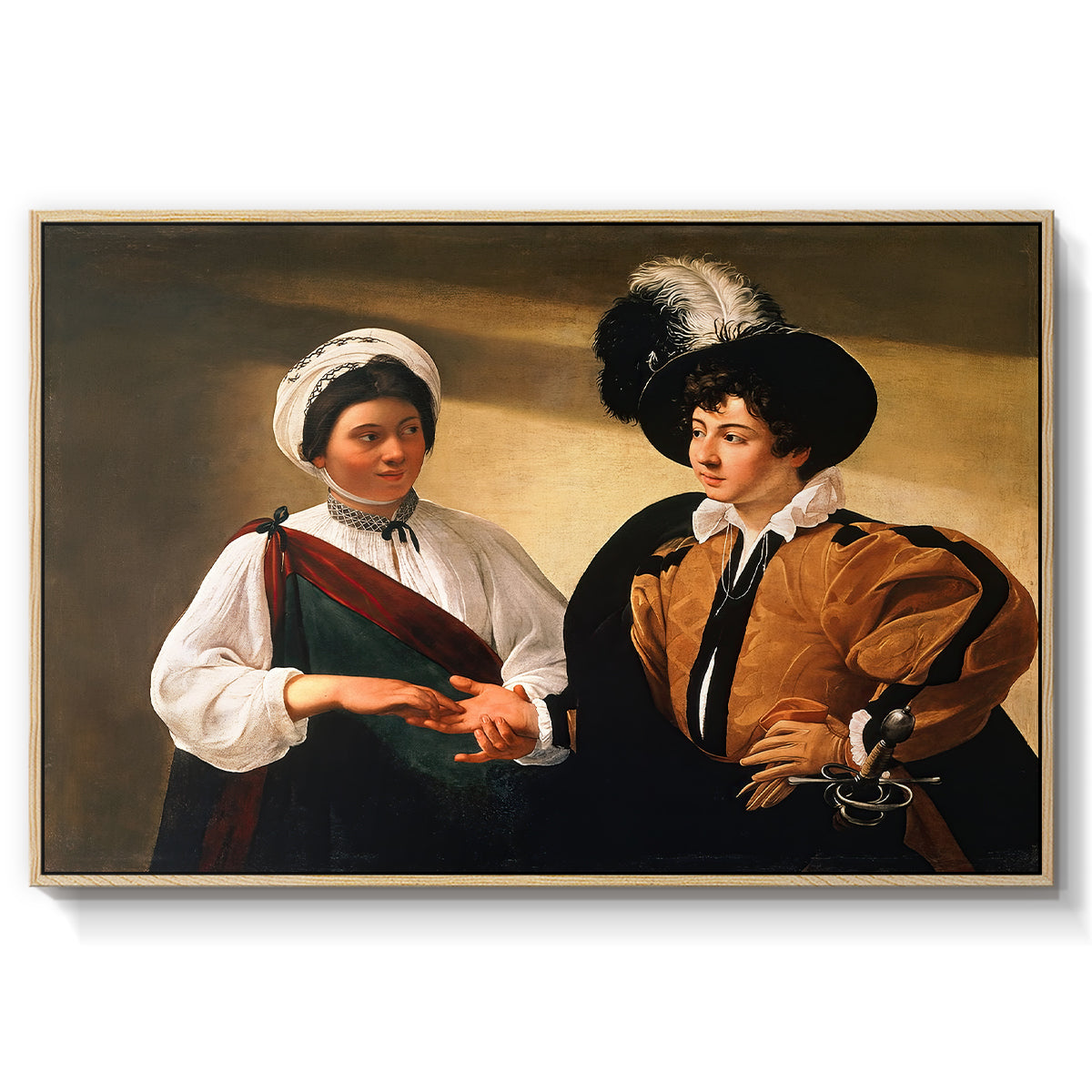 The Fortune Teller (Louvre Version), c. 1595 by Caravaggio in a natural wood floater framed canvas wall art display.