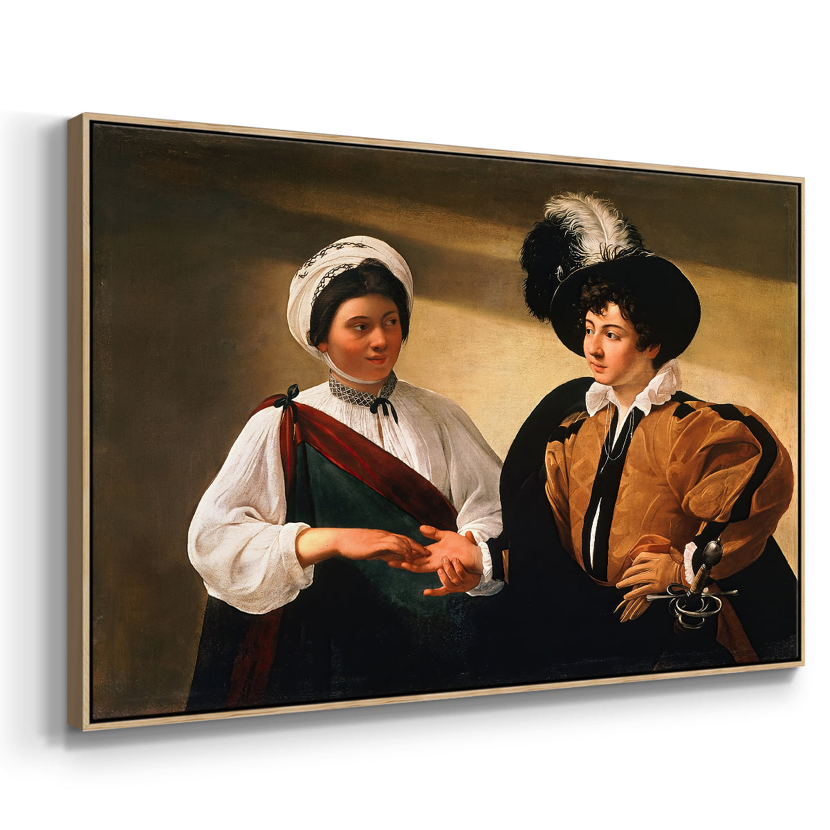 Angled view of The Fortune Teller (Louvre Version), c. 1595 by Caravaggio in a natural wood floater framed canvas.