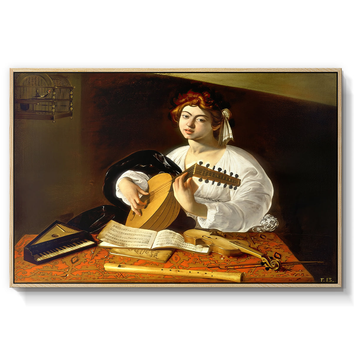 The Lute Player (Wildenstein Version), c. 1596 by Caravaggio in a natural wood floater framed canvas wall art display.