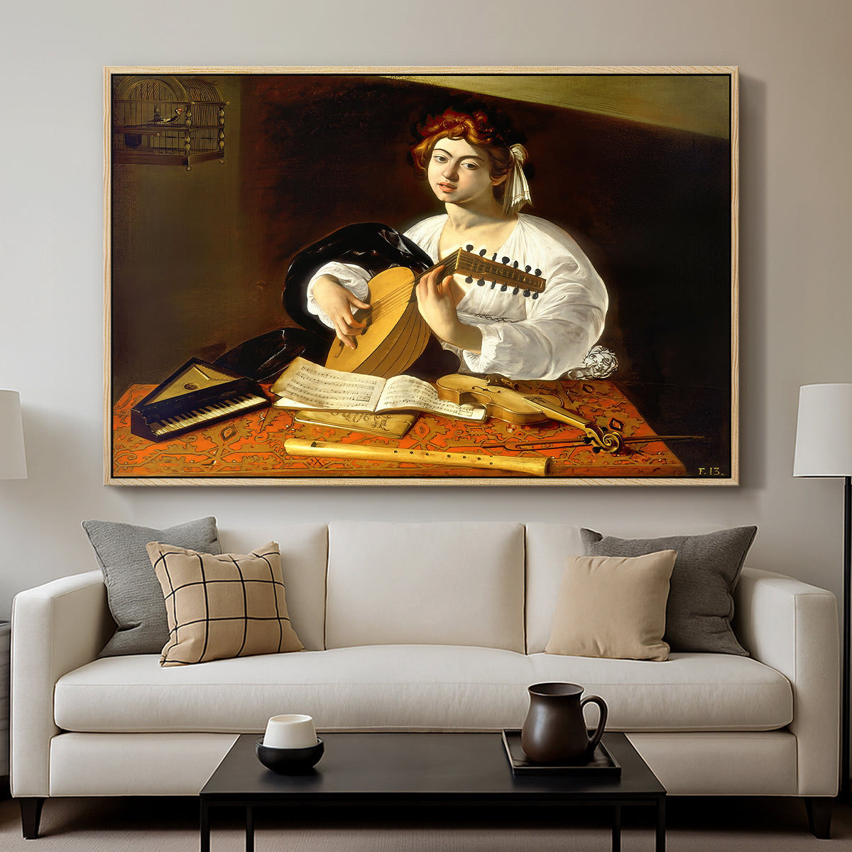 The Lute Player (Wildenstein Version), c. 1596 by Caravaggio displayed in a natural wood floater framed canvas above a sofa in a clean living room.