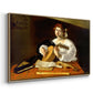 Angled view of The Lute Player (Wildenstein Version), c. 1596 by Caravaggio in a natural wood floater framed canvas.