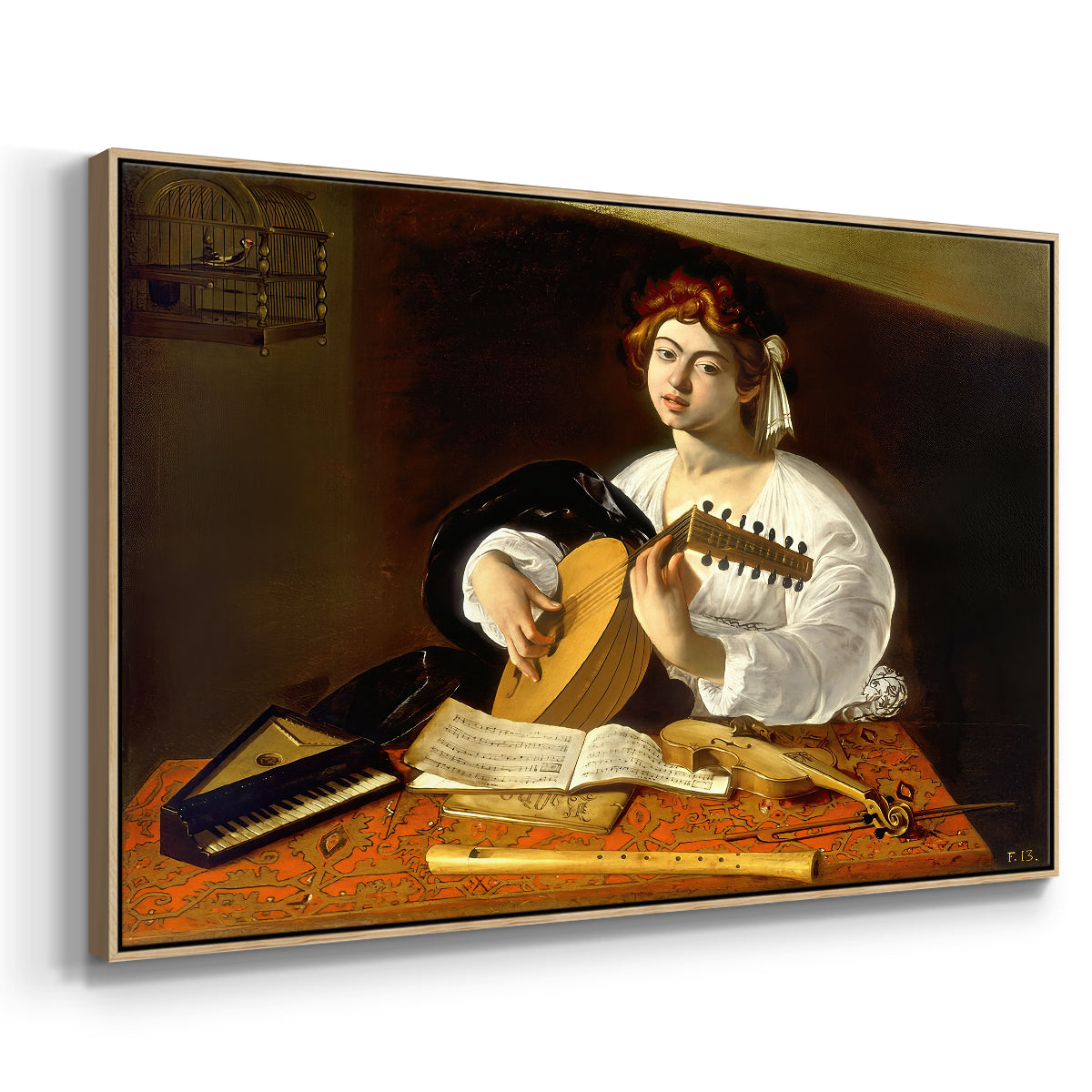 Angled view of The Lute Player (Wildenstein Version), c. 1596 by Caravaggio in a natural wood floater framed canvas.