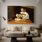 The Lute Player (Wildenstein Version), c. 1596 by Caravaggio as a natural wood floater framed canvas featuring a young man playing lute surrounded by sheet music and still life objects, displayed above a sofa in a modern living room.