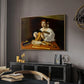 The Lute Player (Wildenstein Version), c. 1596 by Caravaggio in a natural wood floater framed canvas featuring a detailed scene of youth playing string instrument with fruit and flowers nearby, displayed above a desk in a dark home office interior.
