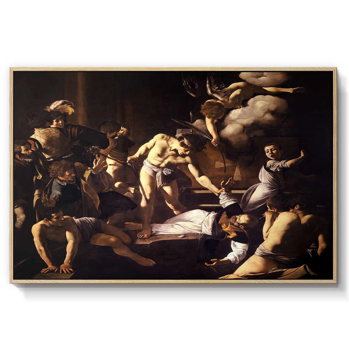 The Martyrdom of Saint Matthew, 1599-1600 by Caravaggio in a natural wood floater framed canvas wall art display.