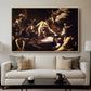 The Martyrdom of Saint Matthew, 1599-1600 by Caravaggio displayed in a natural wood floater framed canvas above a sofa in a clean living room.