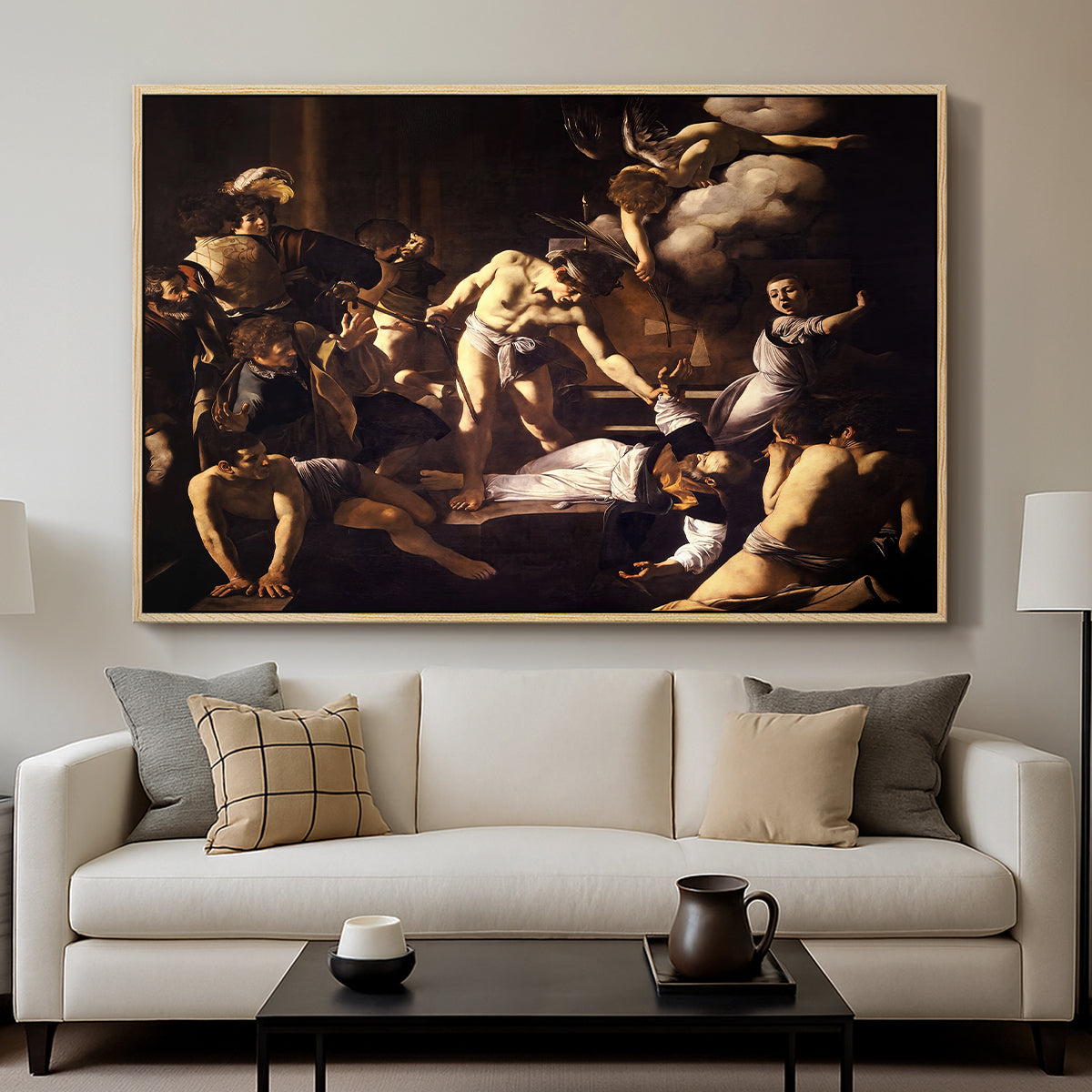 The Martyrdom of Saint Matthew, 1599-1600 by Caravaggio displayed in a natural wood floater framed canvas above a sofa in a clean living room.