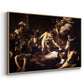 Angled view of The Martyrdom of Saint Matthew, 1599-1600 by Caravaggio in a natural wood floater framed canvas.
