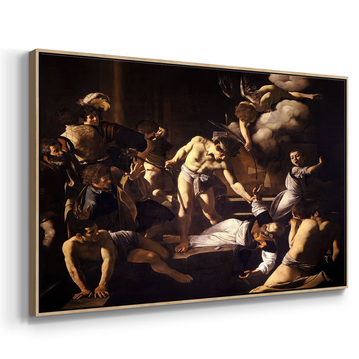 Angled view of The Martyrdom of Saint Matthew, 1599-1600 by Caravaggio in a natural wood floater framed canvas.