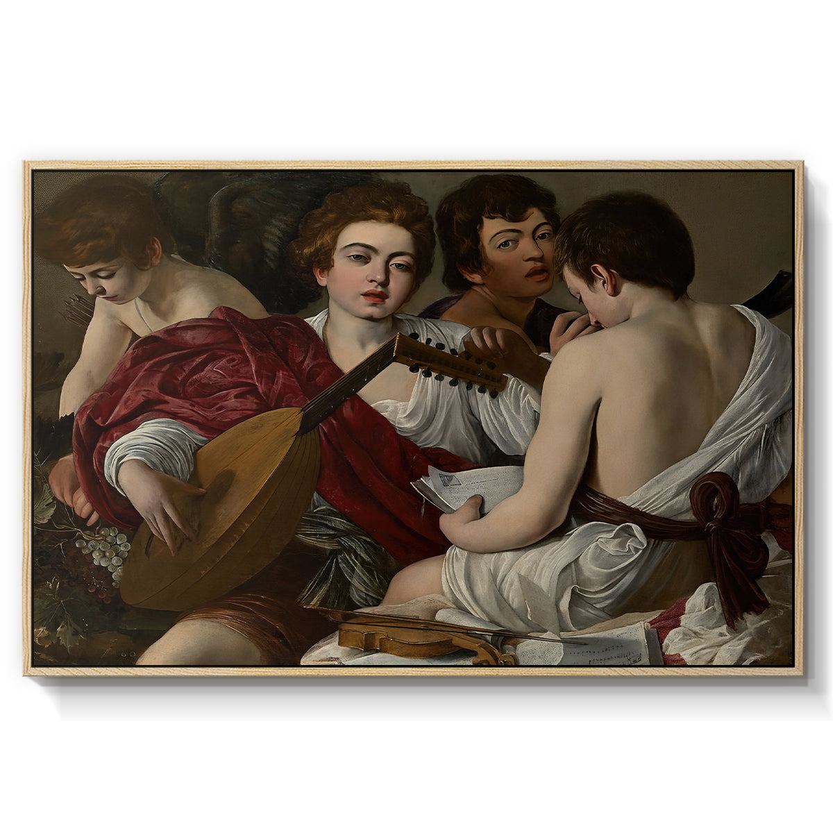 The Musicians, c. 1595 by Caravaggio in a natural wood floater framed canvas wall art display.