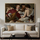 The Musicians, c. 1595 by Caravaggio displayed in a natural wood floater framed canvas above a sofa in a clean living room.