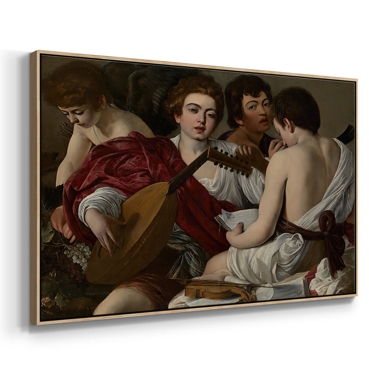 Angled view of The Musicians, c. 1595 by Caravaggio in a natural wood floater framed canvas.