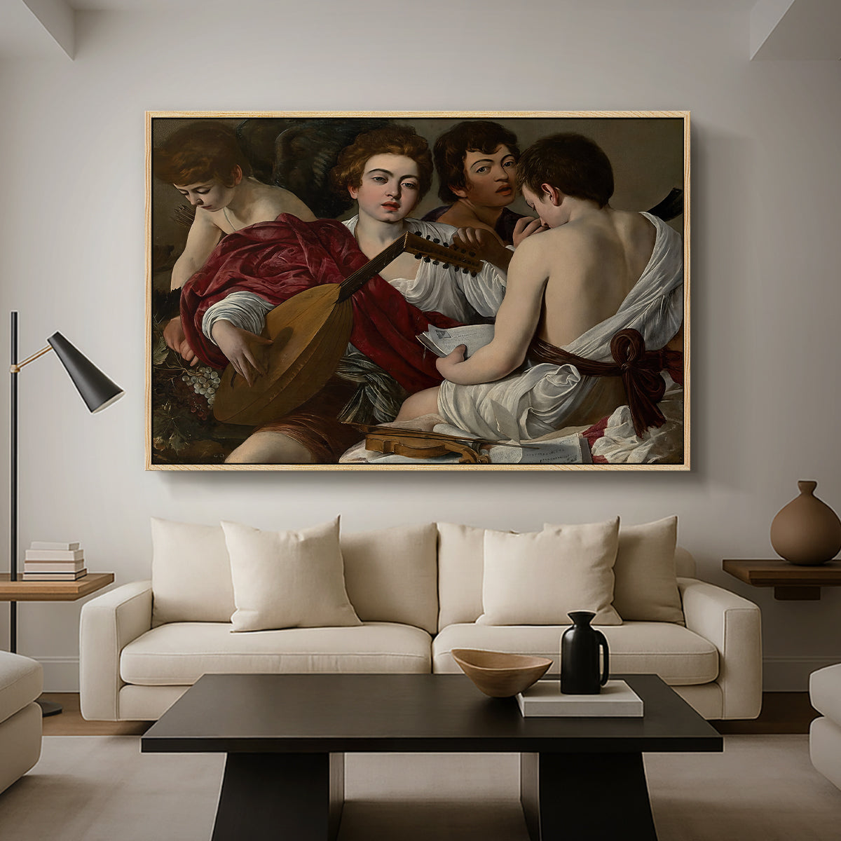 The Musicians, c. 1595 by Caravaggio as a natural wood floater framed canvas featuring a group of young men gathered together playing music with instruments, displayed above a sofa in a modern living room.