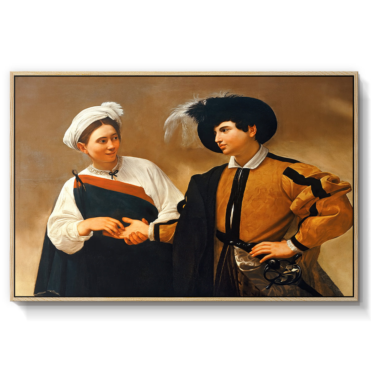 The Fortune Teller (Capitoline Version), c. 1599 by Caravaggio in a natural wood floater framed canvas wall art display.