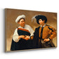 Angled view of The Fortune Teller (Capitoline Version), c. 1599 by Caravaggio in a natural wood floater framed canvas.