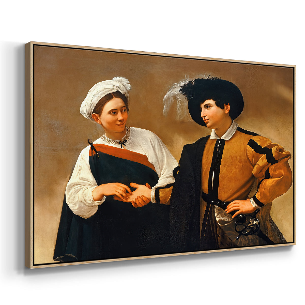 Angled view of The Fortune Teller (Capitoline Version), c. 1599 by Caravaggio in a natural wood floater framed canvas.