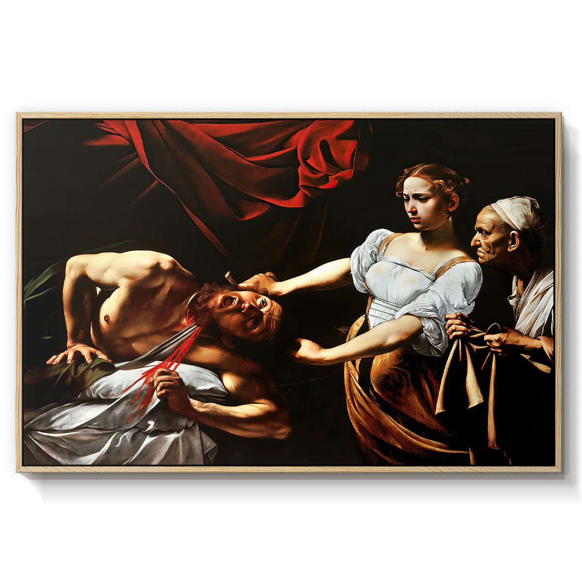 Judith Beheading Holofernes, c. 1599 by Caravaggio in a natural wood floater framed canvas wall art display.