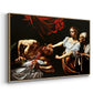 Angled view of Judith Beheading Holofernes, c. 1599 by Caravaggio in a natural wood floater framed canvas.