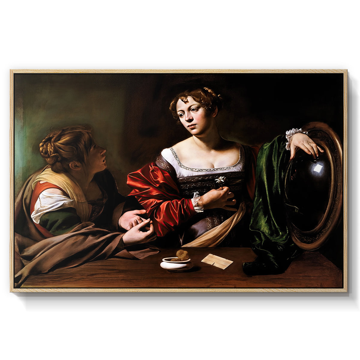 Martha and Mary Magdalene, c. 1598 by Caravaggio in a natural wood floater framed canvas wall art display.