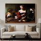 Martha and Mary Magdalene, c. 1598 by Caravaggio displayed in a natural wood floater framed canvas above a sofa in a clean living room.
