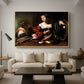 Martha and Mary Magdalene, c. 1598 by Caravaggio as a natural wood floater framed canvas featuring a two women seated together in conversation with symbolic objects on table, displayed above a sofa in a modern living room.