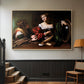 Natural wood floater framed canvas featuring a religious interior scene with figures engaged in thoughtful dialogue, displayed in a hallway near a staircase.
