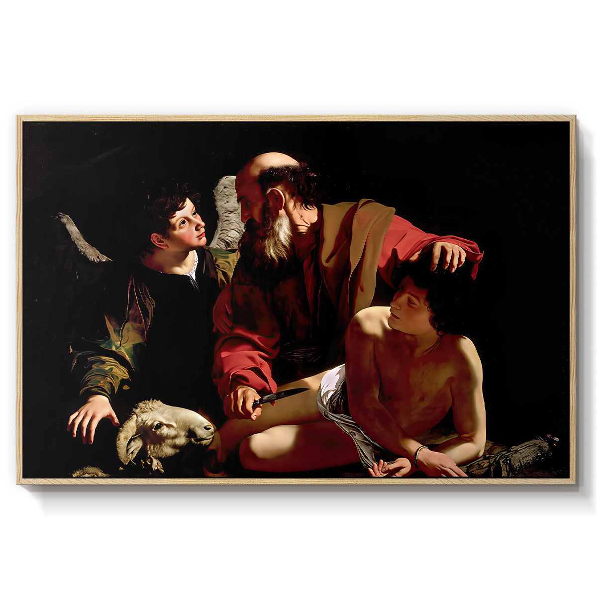 The Sacrifice of Isaac (Uffizi Version), c. 1603 by Caravaggio in a natural wood floater framed canvas wall art display.