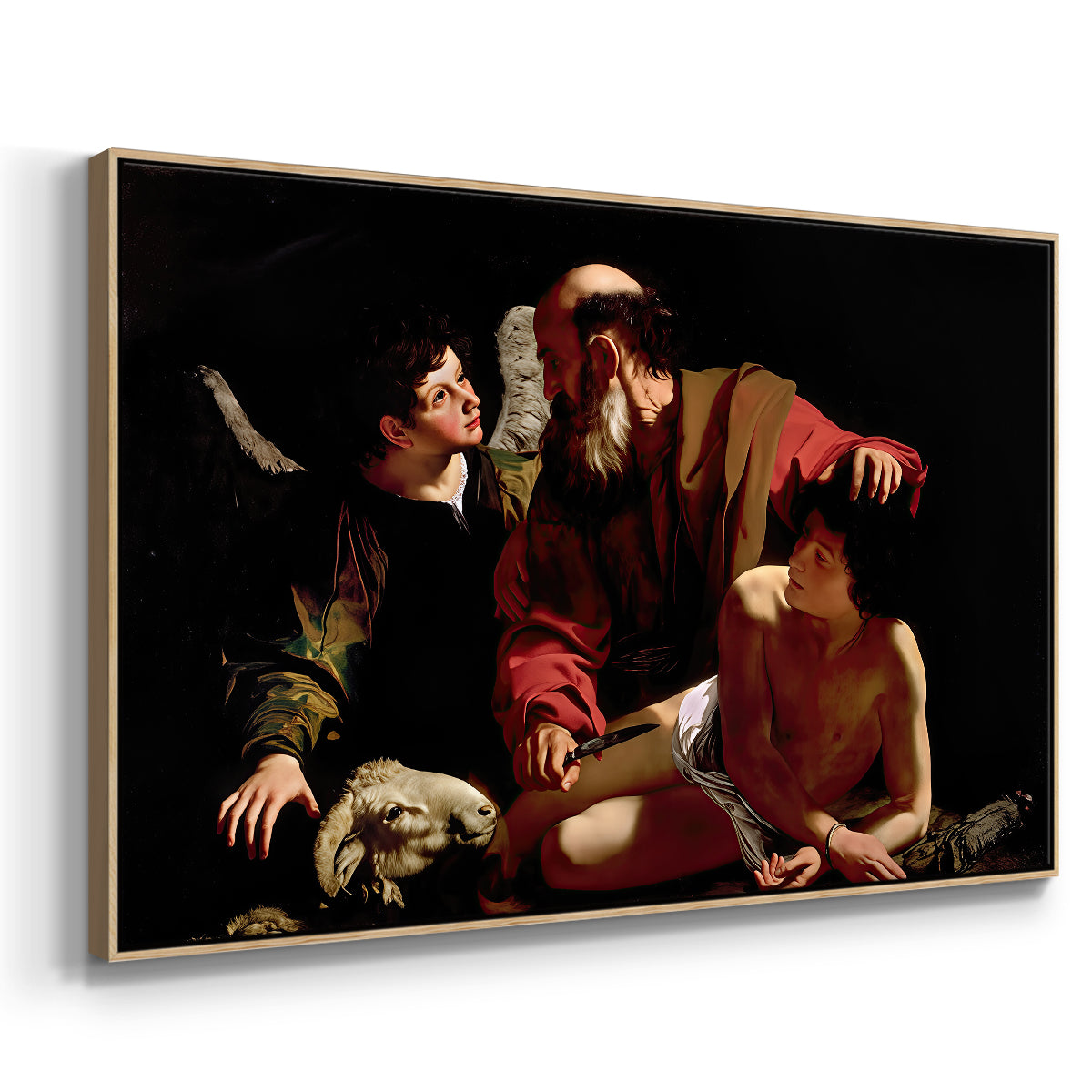 Angled view of The Sacrifice of Isaac (Uffizi Version), c. 1603 by Caravaggio in a natural wood floater framed canvas.