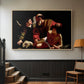 Natural wood floater framed canvas featuring an intense religious narrative with figures in close physical struggle, displayed in a hallway near a staircase.
