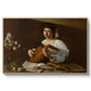 The Lute Player (Hermitage Version), c. 1596 by Caravaggio in a natural wood floater framed canvas wall art display.