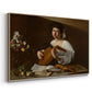 Angled view of The Lute Player (Hermitage Version), c. 1596 by Caravaggio in a natural wood floater framed canvas.