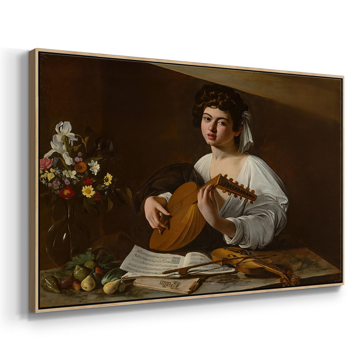 Angled view of The Lute Player (Hermitage Version), c. 1596 by Caravaggio in a natural wood floater framed canvas.