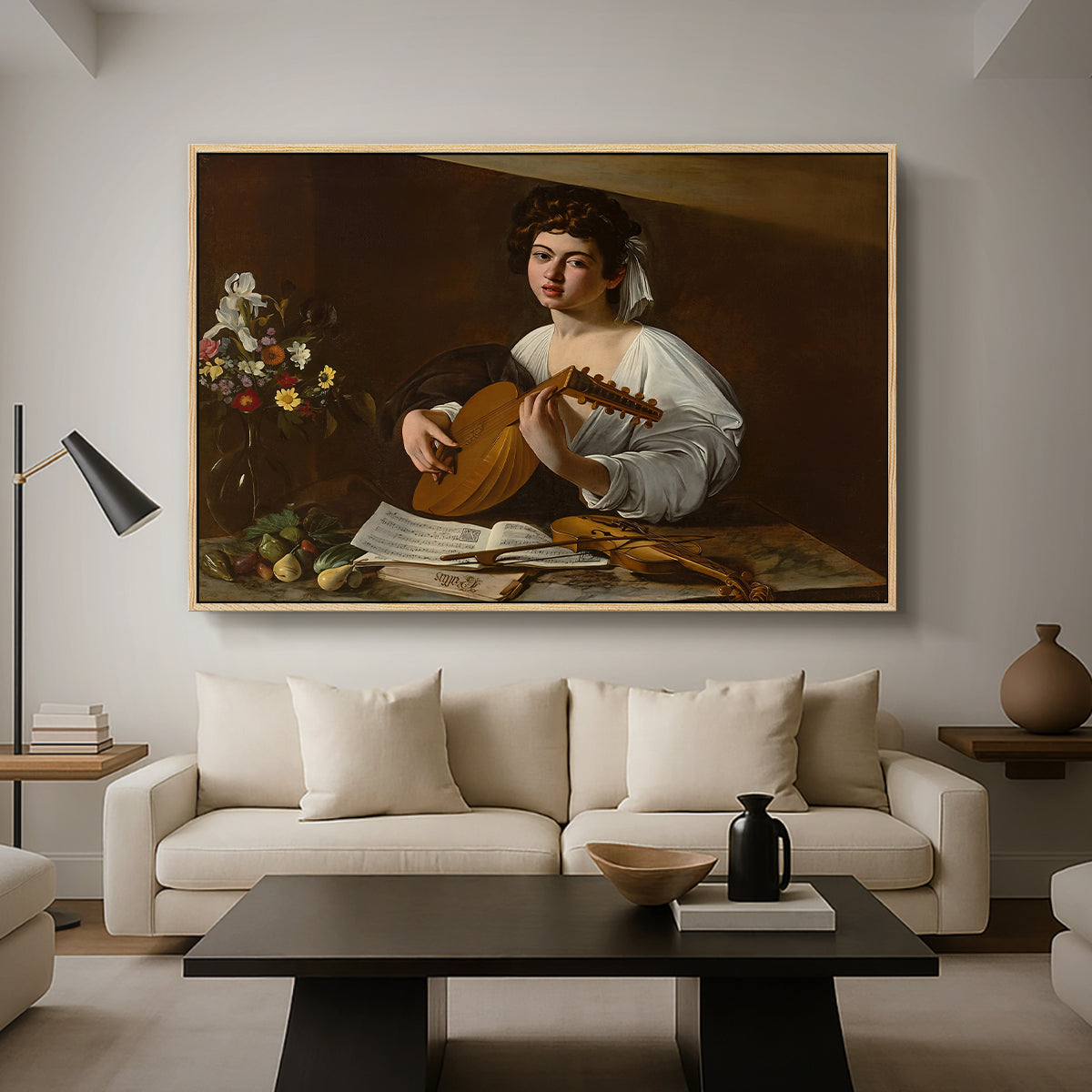 The Lute Player (Hermitage Version), c. 1596 by Caravaggio as a natural wood floater framed canvas featuring a young musician playing lute beside table with fruit and sheet music, displayed above a sofa in a modern living room.
