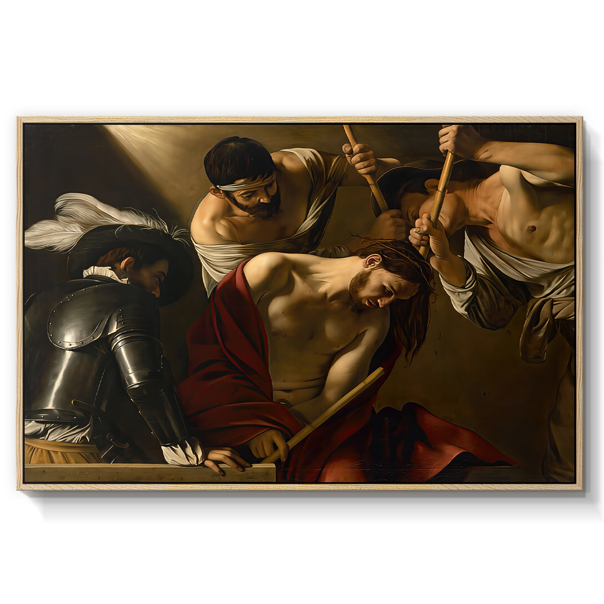 The Crowning with Thorns (Vienna Version), c. 1602-1604 by Caravaggio in a natural wood floater framed canvas wall art display.