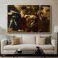 The Crowning with Thorns (Vienna Version), c. 1602-1604 by Caravaggio displayed in a natural wood floater framed canvas above a sofa in a clean living room.