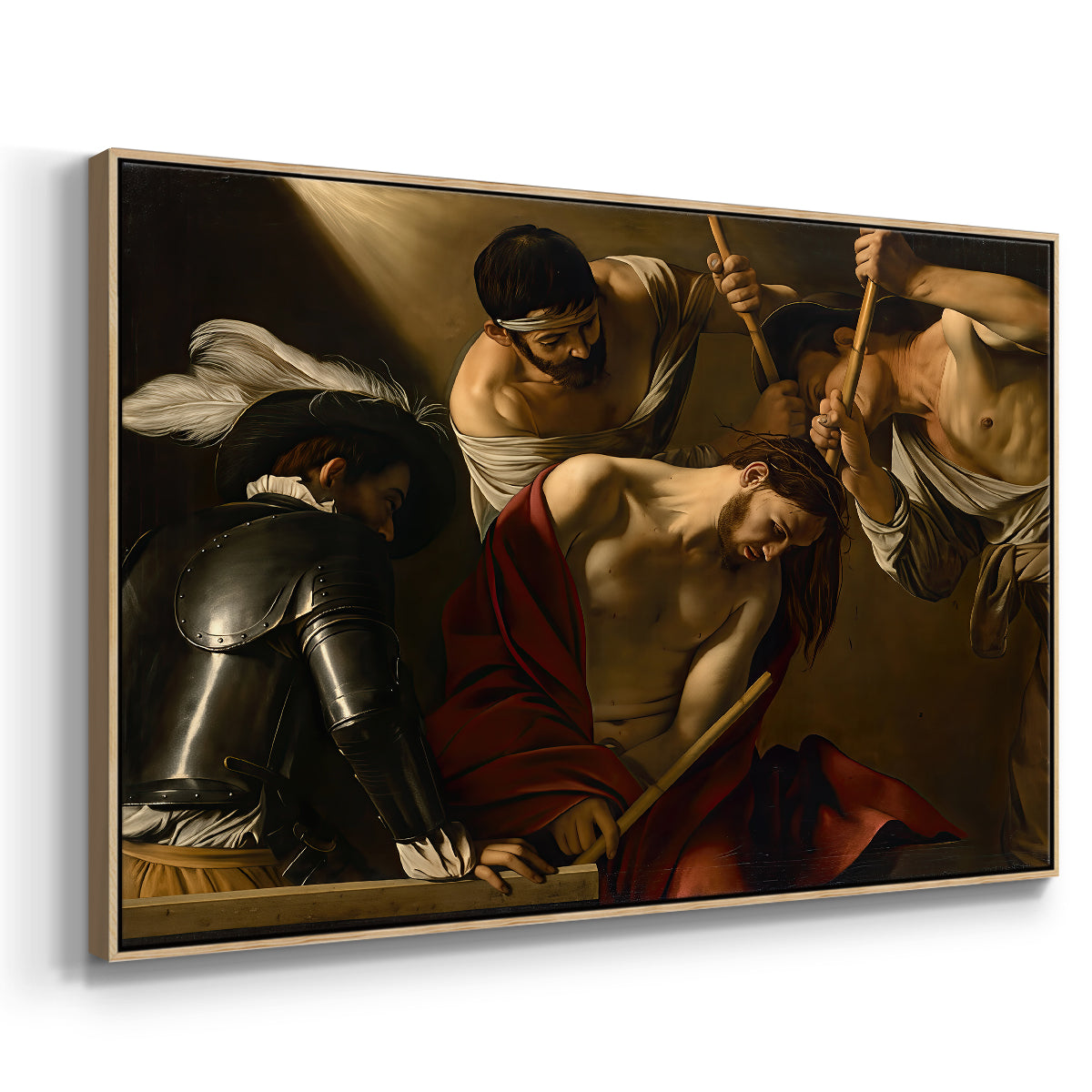 Angled view of The Crowning with Thorns (Vienna Version), c. 1602-1604 by Caravaggio in a natural wood floater framed canvas.