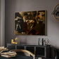 The Crowning with Thorns (Vienna Version), c. 1602-1604 by Caravaggio in a natural wood floater framed canvas featuring a dramatic depiction of figures forcing thorn crown onto Christ, displayed above a desk in a dark home office interior.