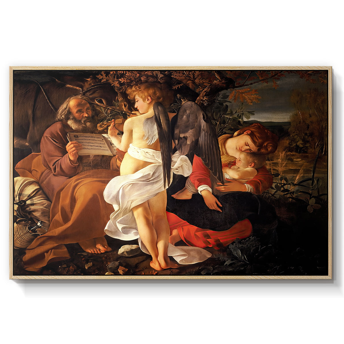 Rest on the Flight into Egypt, c. 1597 by Caravaggio in a natural wood floater framed canvas wall art display.