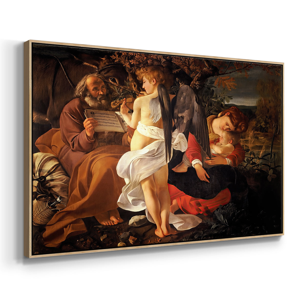 Angled view of Rest on the Flight into Egypt, c. 1597 by Caravaggio in a natural wood floater framed canvas.