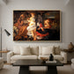Rest on the Flight into Egypt, c. 1597 by Caravaggio as a natural wood floater framed canvas featuring the Holy Family resting in landscape with angel playing violin, displayed above a sofa in a modern living room.