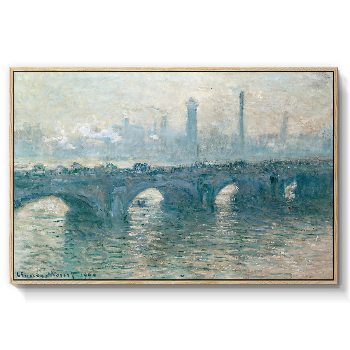 Waterloo Bridge, Gray Weather, 1900 by Claude Monet in a natural wood floater framed canvas wall art display.