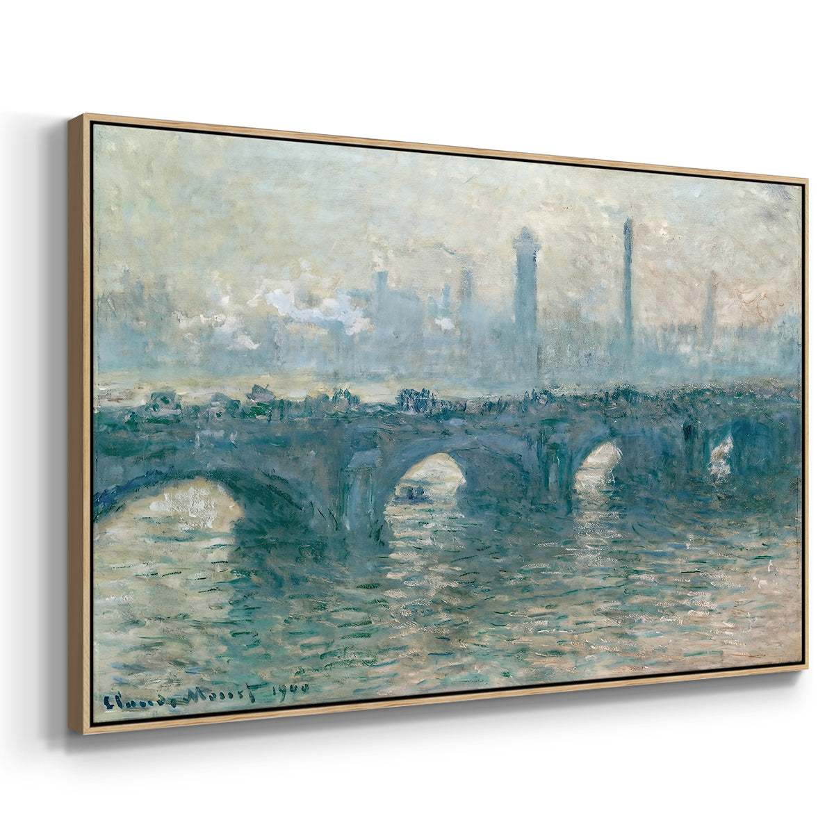 Angled view of Waterloo Bridge, Gray Weather, 1900 by Claude Monet in a natural wood floater framed canvas.