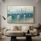 Waterloo Bridge, Gray Weather, 1900 by Claude Monet as a natural wood floater framed canvas featuring a hazy view of Waterloo Bridge over river in gray atmospheric light, displayed above a sofa in a modern living room.